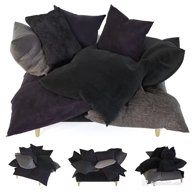 Stylish Dark Colored Decorative Pillows With Soft Textures And Stacked Design 3d model 