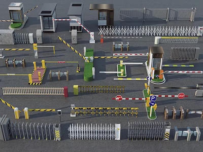 Various Road Facilities Including Barriers Railings Toll Booths And Warning Signs 3d model