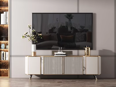 Modern TV Stand With TV Vase With Flowers Books White Gold Finish Living Room Interior 3d model