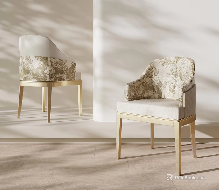 Stylish Floral Upholstered Dining Chairs With Golden Metal Legs For Luxury Modern Home Dining Room 3d model 