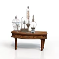 Vintage Equipment Display on Wooden Table With Birdcage Glass Dome Apparatus And Oil Lamp Items