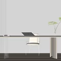 Modern Minimalist Desk With Laptop Transparent Chair Green Plant And Striped Wall