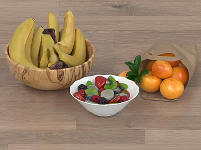 Mixed Berries Bananas Oranges in Wooden Bowl White Bowl and Paper Bag on Wooden Floor 3d model