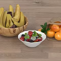 Mixed Berries Bananas Oranges in Wooden Bowl White Bowl and Paper Bag on Wooden Floor
