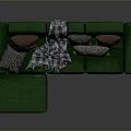 Modern Green L shaped Sofa With Plaid Blanket And Decorative Cushions