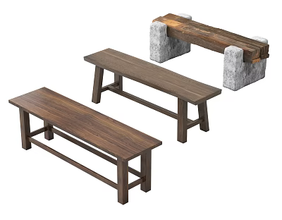 Rustic Wooden Benches With Stone Legs And Simple Designs For Home Decor 3d model