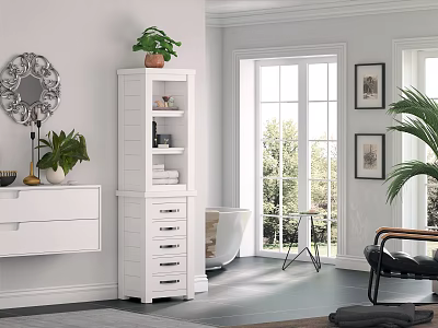 Bright Bathroom White Vanity With Storage Cabinet Potted Plant Mirror And Decorative Paintings 3d model