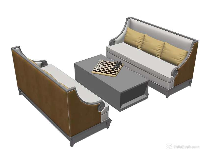 Brown And Beige Sofas With Gray Coffee Table Checkered Decor Set 3d model