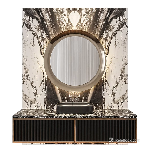 Elegant Marble Washbasin Vanity With Round Mirror Illuminated Backdrop And Dark Cabinet 3d model 