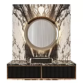 Elegant Marble Washbasin Vanity With Round Mirror Illuminated Backdrop And Dark Cabinet