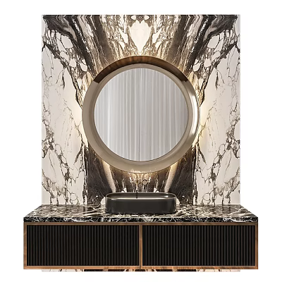 Elegant Marble Washbasin Vanity With Round Mirror Illuminated Backdrop And Dark Cabinet 3d model