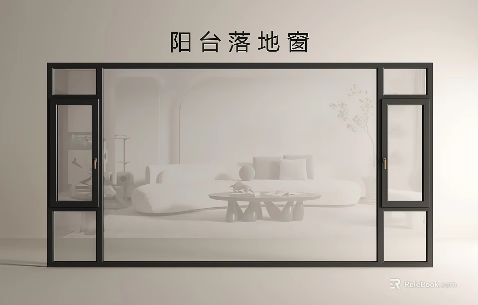 Modern Balcony Floor to Ceiling Window with Large Glass and Black Frame 3d model