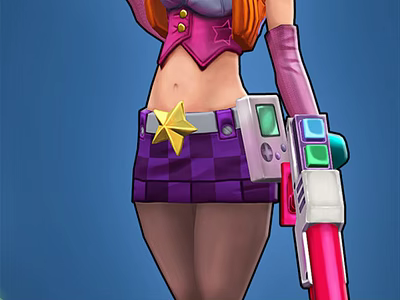 Red Haired Character With Purple Vest And Star Decoration Holding Pink Gun With Colorful Squares 3d model