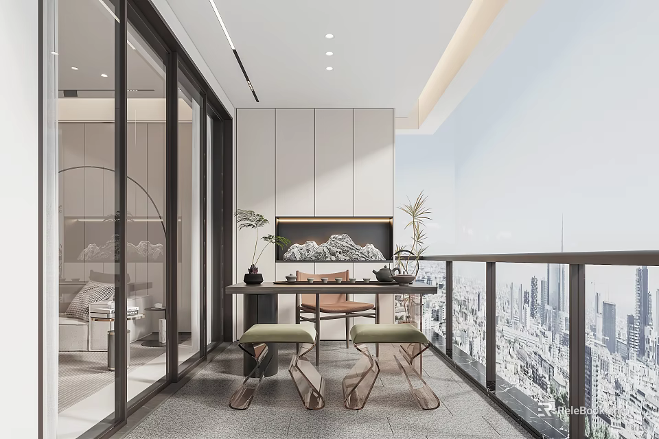 Modern Home Balcony Interior Design With Table Chairs Plants And City View 3d model 