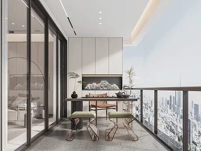 Modern Home Balcony Interior Design With Table Chairs Plants And City View 3d model