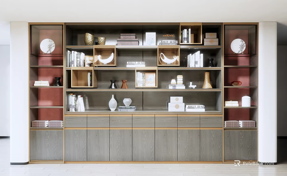 Modern Wooden Metal Bookcase With Gray Red Panels Books Vases And Decorative Ornaments 3d model 