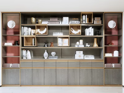 Modern Wooden Metal Bookcase With Gray Red Panels Books Vases And Decorative Ornaments 3d model