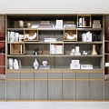 Modern Wooden Metal Bookcase With Gray Red Panels Books Vases And Decorative Ornaments