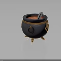 Black Cauldron With Golden Decoration Red Liquid Inside White Stirring Tool And Golden Legs