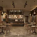 Elegant Modern Restaurant Interior With Wooden Geometric Walls Hanging Lights And Dining Tables