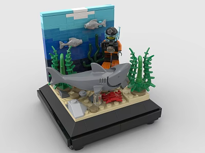 Building Blocks Underwater Scene With Shark Diver Seaweed Fish And Display Base 3d model