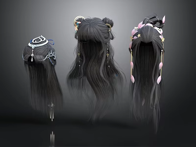 Decorative Long Hair Wigs With Various Hair Accessories For Daily Life Use 3d model