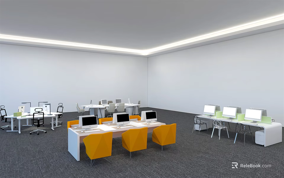 Modern Office Desk Setup With White Tables Orange Chairs And Computer Monitors 3d model 