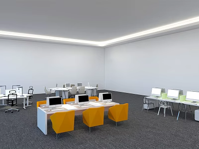 Modern Office Desk Setup With White Tables Orange Chairs And Computer Monitors 3d model