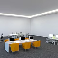 Modern Office Desk Setup With White Tables Orange Chairs And Computer Monitors
