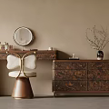 Vintage Brown Dressing Table With Round Makeup Mirror Butterfly Chair And Coordinating Wooden Storage Cabinet