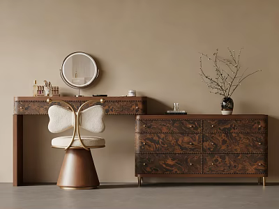 Vintage Brown Dressing Table With Round Makeup Mirror Butterfly Chair And Coordinating Wooden Storage Cabinet 3d model