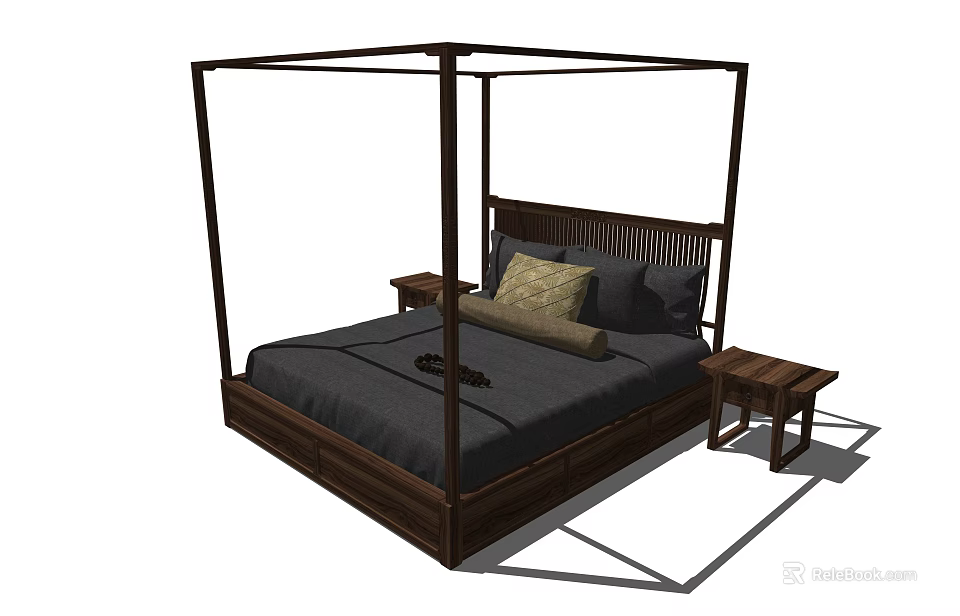 Four Poster Dark Wooden Double Bed With Gray Bedspread Pillows And Matching Nightstands 3d model 