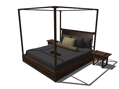 Four Poster Dark Wooden Double Bed With Gray Bedspread Pillows And Matching Nightstands 3d model