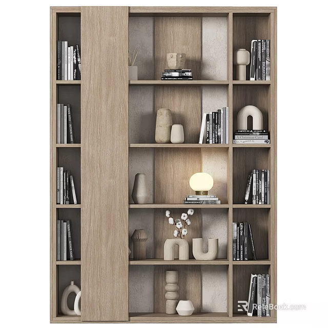 Modern Minimalist Wooden Shelving Unit With Books Decorative Vases And Sculptures 3d model 