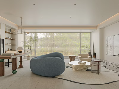 Bright Modern Cozy Living Room With Curved Soft Sofa And Panoramic Window Interior Design 3d model