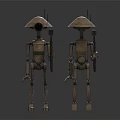 Two Robot Characters With Hat Like Heads Wooden Bodies Antennas And Weapons