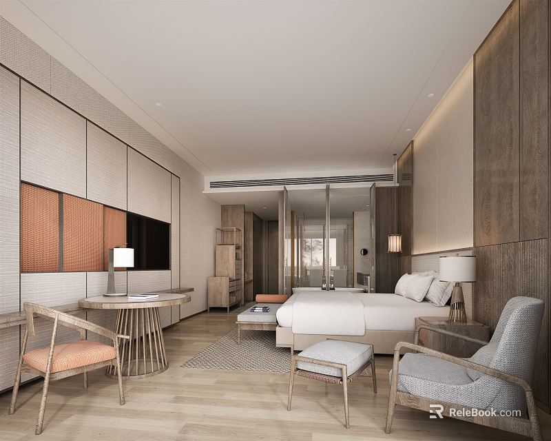 Modern Hotel Guest Room With Wooden Walls Double Bed Table and Chairs TV Natural Light 3d model 