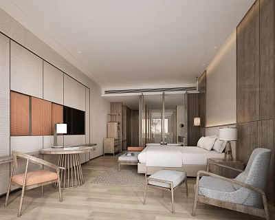 Modern Hotel Guest Room With Wooden Walls Double Bed Table and Chairs TV Natural Light 3d model