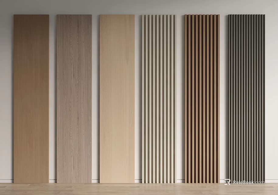 Modern Wall Panels Featuring Various Wood Grain And Vertical Striped Patterns 3d model