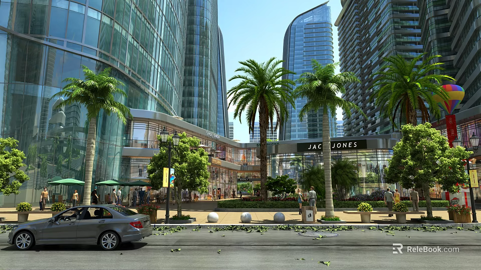 Vibrant Commercial Street With Palm Trees Modern Buildings Pedestrians And Shops 3d model 