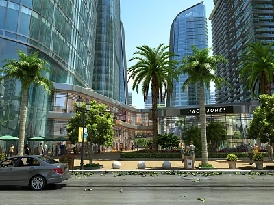 Vibrant Commercial Street With Palm Trees Modern Buildings Pedestrians And Shops 3d model