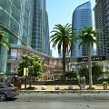 Vibrant Commercial Street With Palm Trees Modern Buildings Pedestrians And Shops