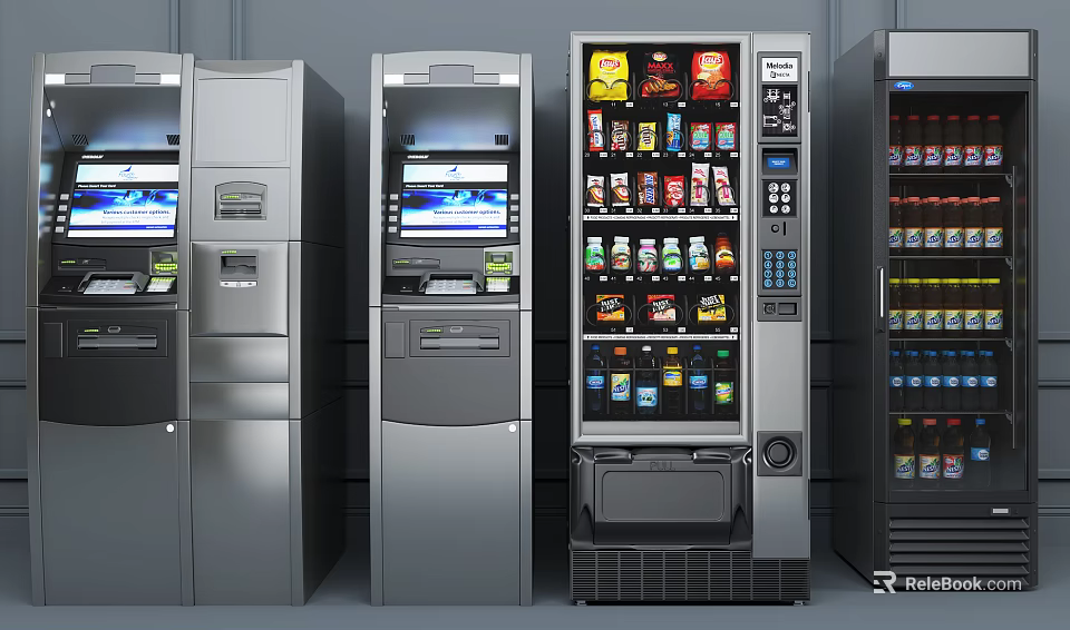 Modern Public Vending Machines With Snacks Drinks And Metal Exterior Design 3d model 