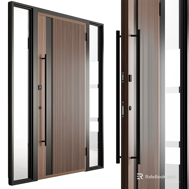 Modern Entrance Door With Wooden Texture Glass Panels And Black Metal Frame 3d model 