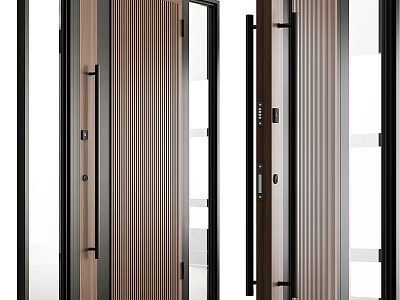 Modern Entrance Door With Wooden Texture Glass Panels And Black Metal Frame 3d model