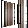Modern Entrance Door With Wooden Texture Glass Panels And Black Metal Frame