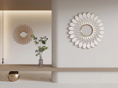 Modern Minimalist Luxury Living Supplies With Flower Shaped Mirrors Green Plant And Golden Decor 3d model