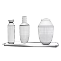 Three Ceramic Vases in Orange Black and Light Green on Black Tray