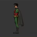 Fictional Character With Red Top Green Pants Yellow Black Cape Mask Arms Outstretched Standing