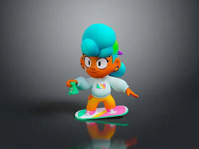 Game And Movie Character Blue Hair Rainbow Shirt Standing On Colorful Skateboard Holding Green Item 3d model
